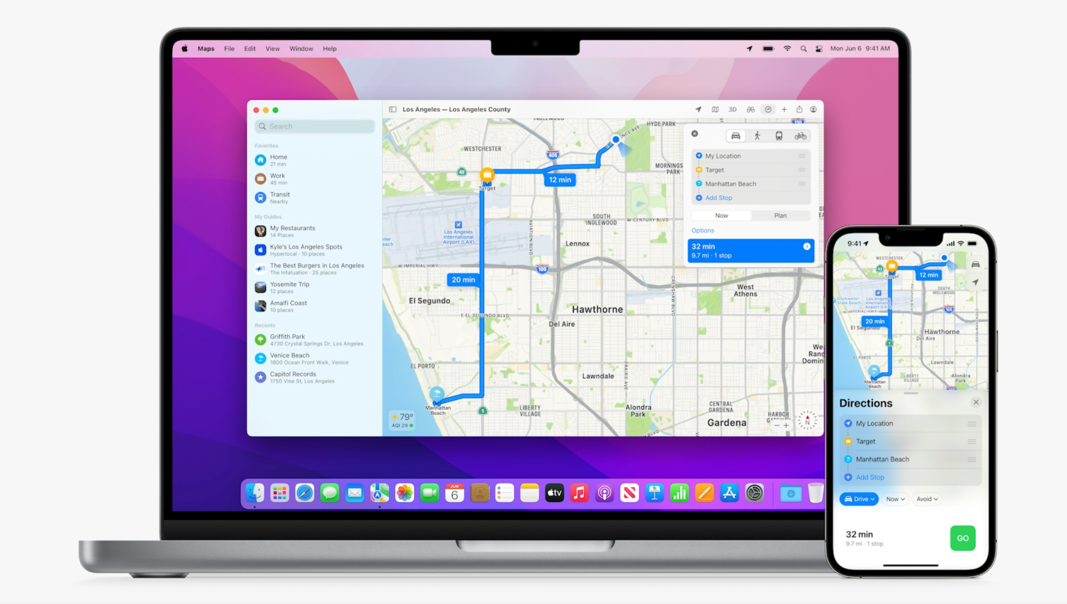 Apple Maps in iOS 16 on iPhone and macOS on MacBook Pro.